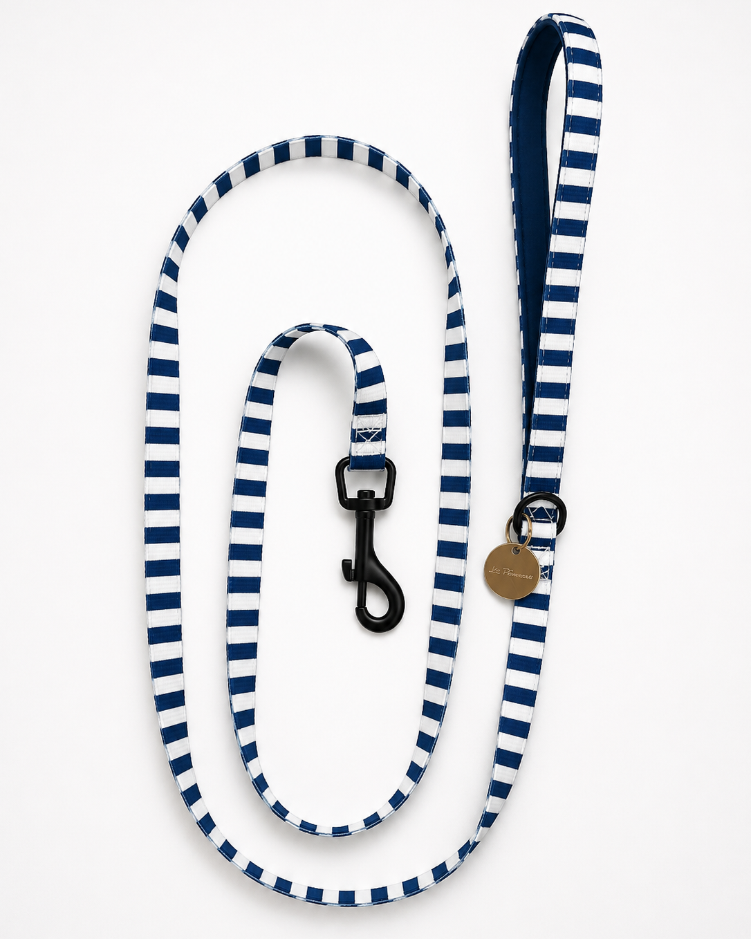 Navy and white striped dog leash on a white background