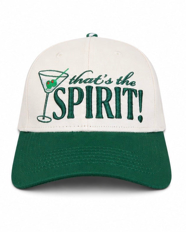 White and green cap with 'that's the SPIRIT!' text and martini glass design on a white background