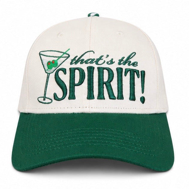 White and green cap with 'that's the SPIRIT!' text and martini glass design on a white background