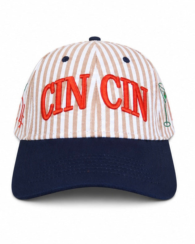 Baseball cap with striped pattern and red text on a white background