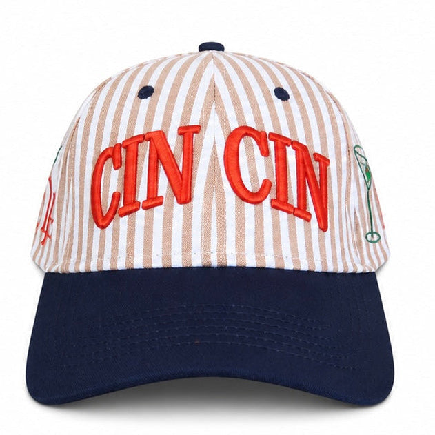 Baseball cap with striped pattern and red text on a white background