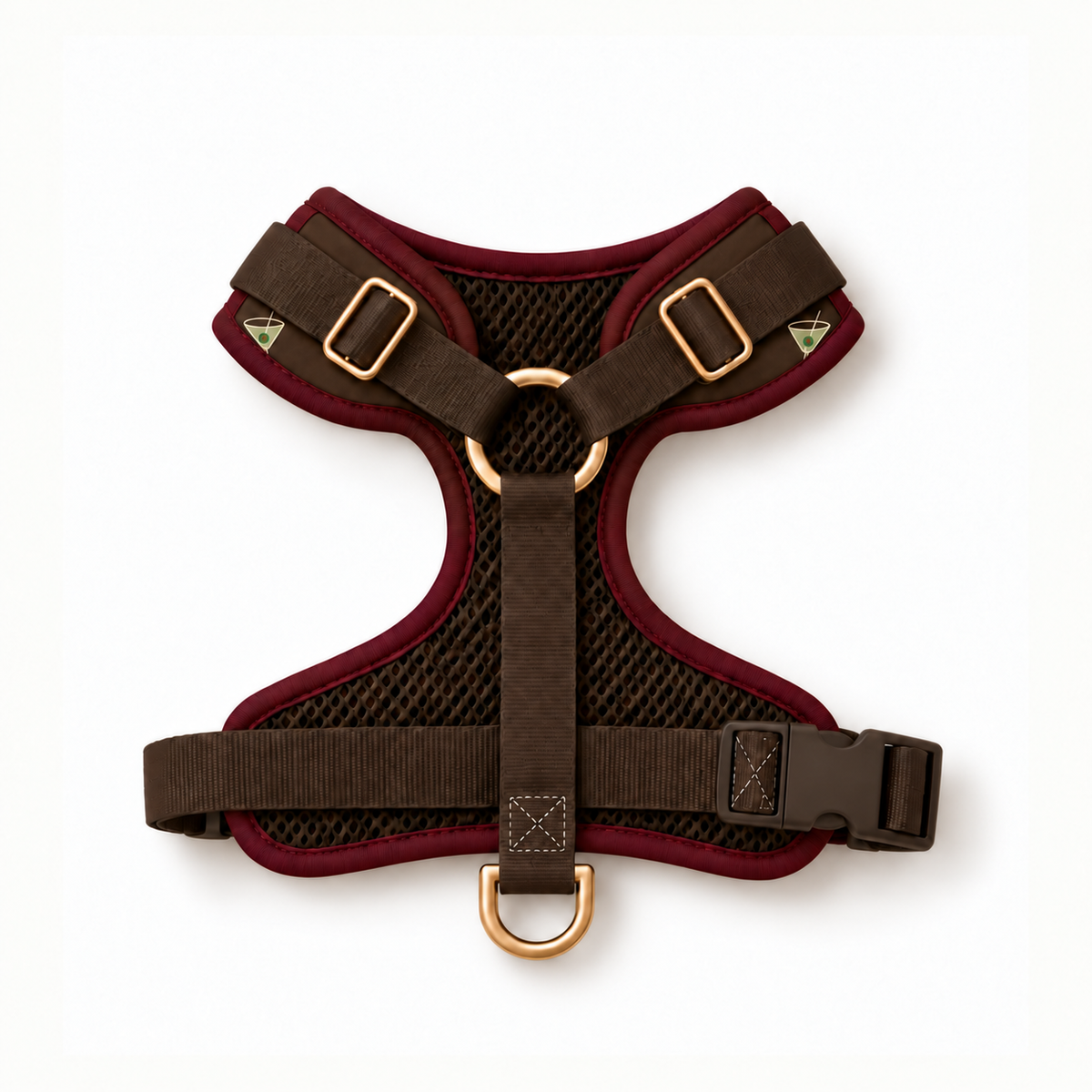 A dog harness with dark brown webbing straps, a burgundy mesh body, and gold-tone metal hardware, shown flat on a white background.