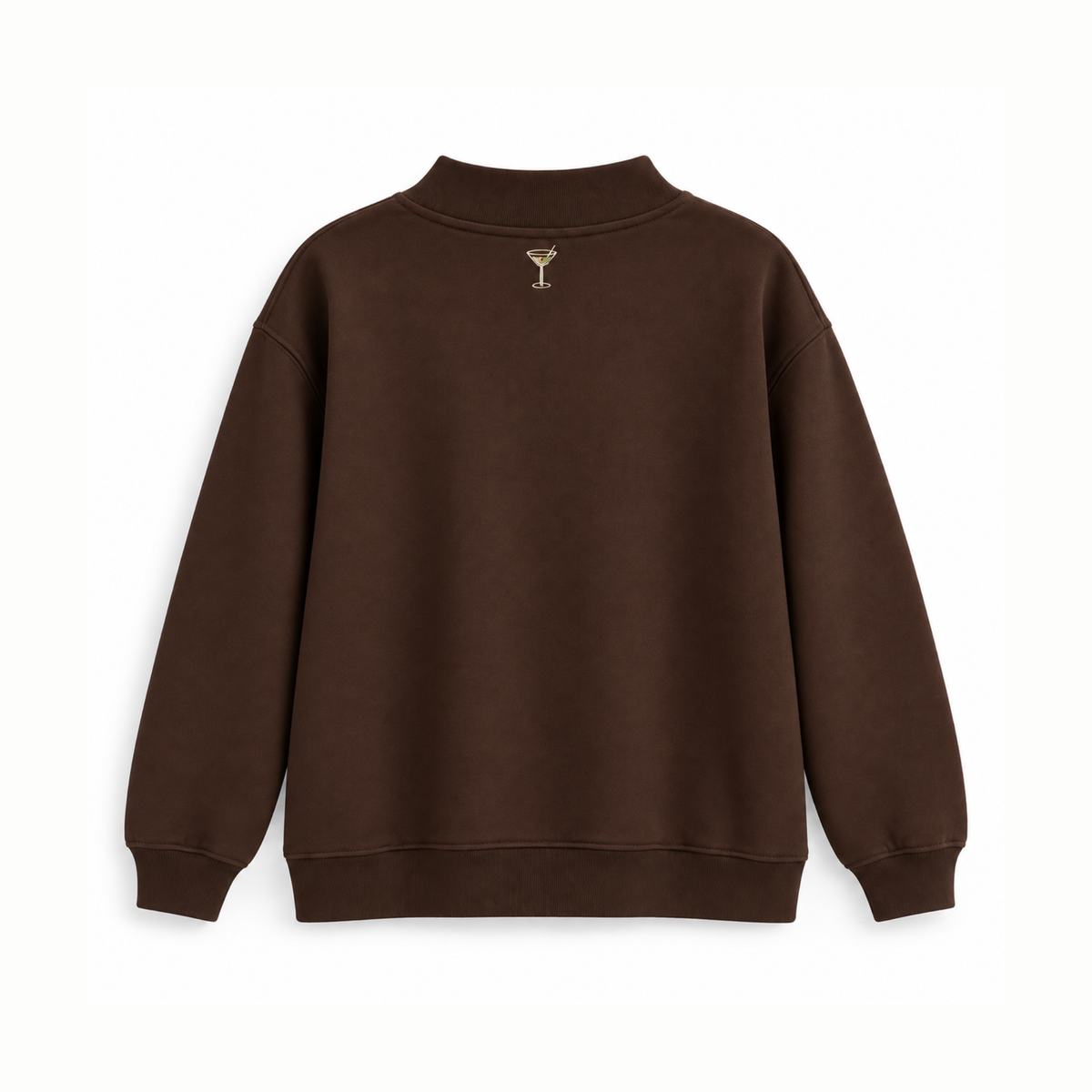 A dark brown crewneck sweatshirt with a small embroidered cocktail glass on the upper back, shown against a plain white background.