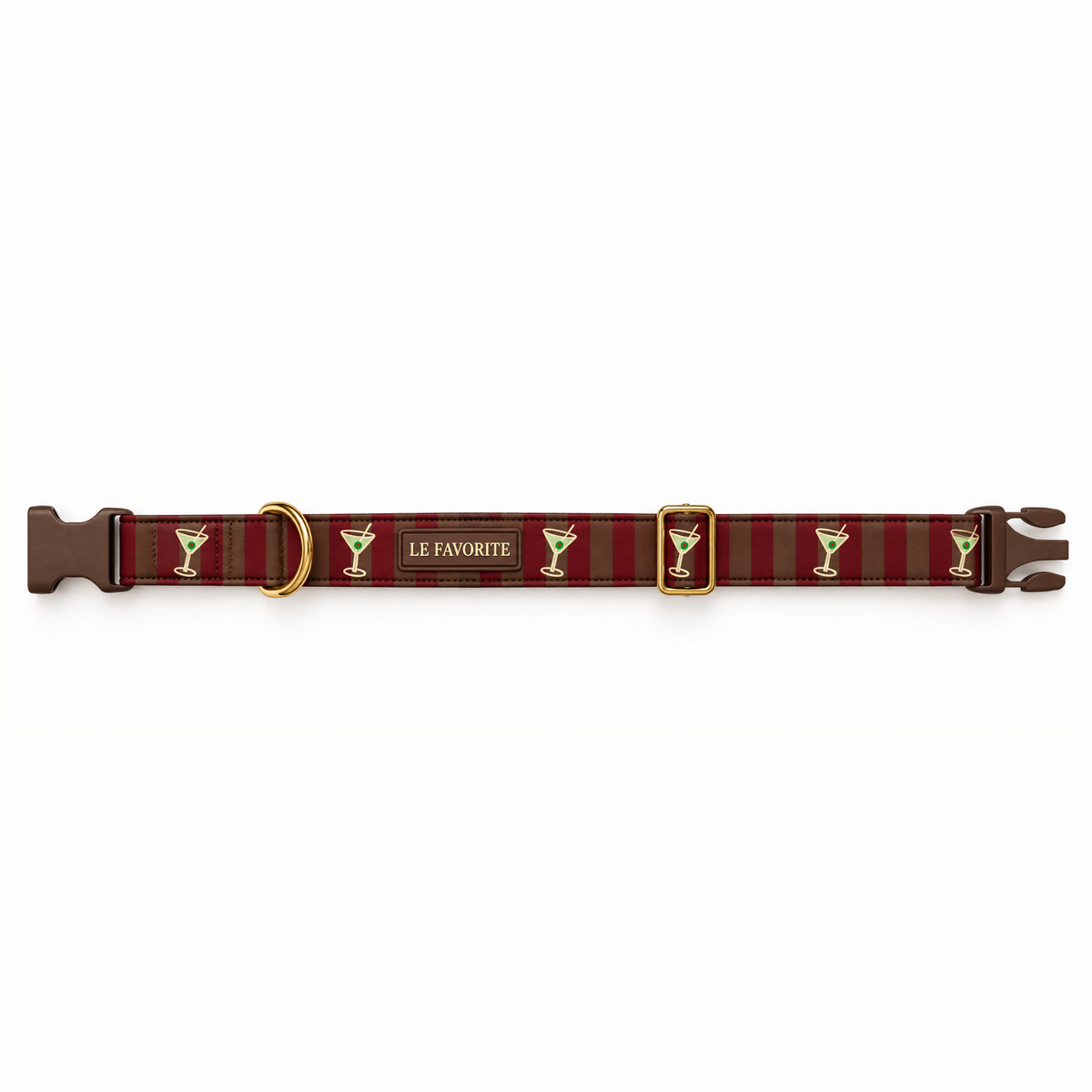 A red and brown plaid dog collar with gold-tone hardware, featuring a repeating pattern of martini glasses and a central label that reads 'LE FAVORITE'.
