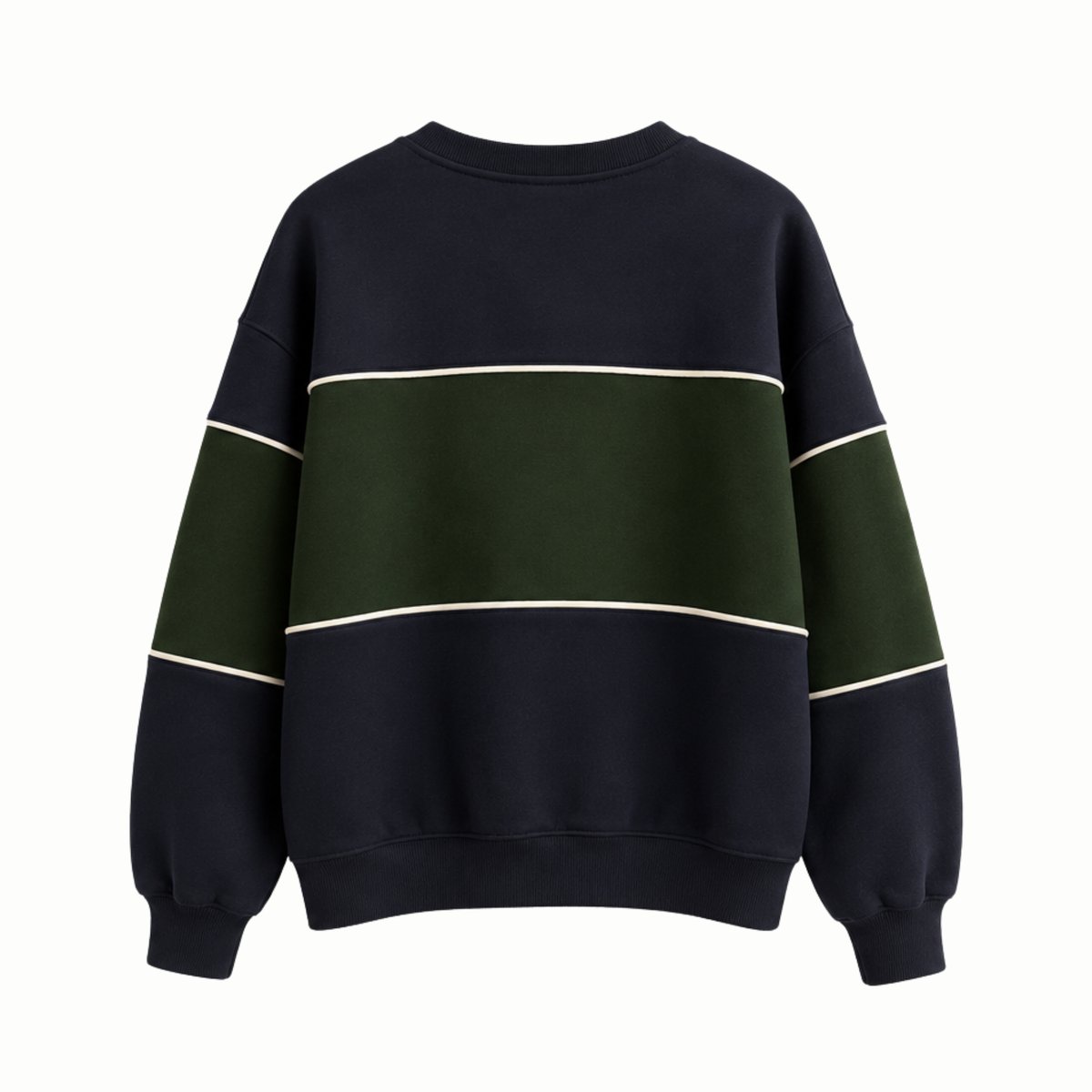 A crewneck sweatshirt with a color-blocked design featuring a dark navy blue base, a wide dark green horizontal stripe across the chest, and thin cream-colored accent lines separating the color blocks.