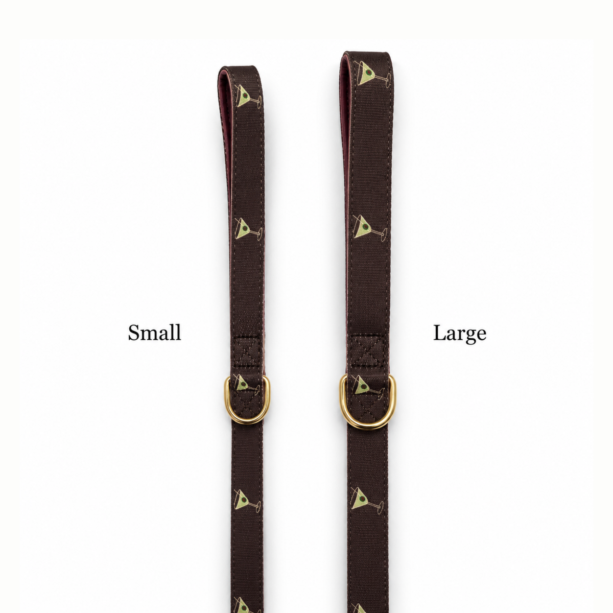 Two dark brown dog leashes with gold-tone hardware and a repeating yellow logo pattern, labeled Small and Large on a white background.