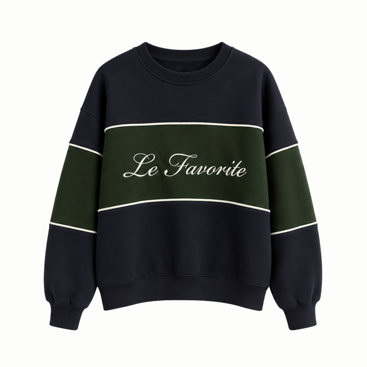 A crewneck sweatshirt in navy blue and dark green with thin cream horizontal stripes and the words 'Le Favorite' written in cream script across the chest, displayed on a solid white background.