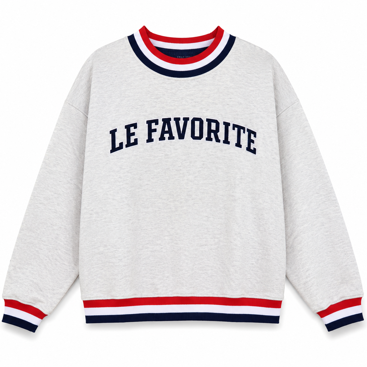 red white and blue mockneck Gray sweatshirt with 'LE FAVORITE' text on a white background