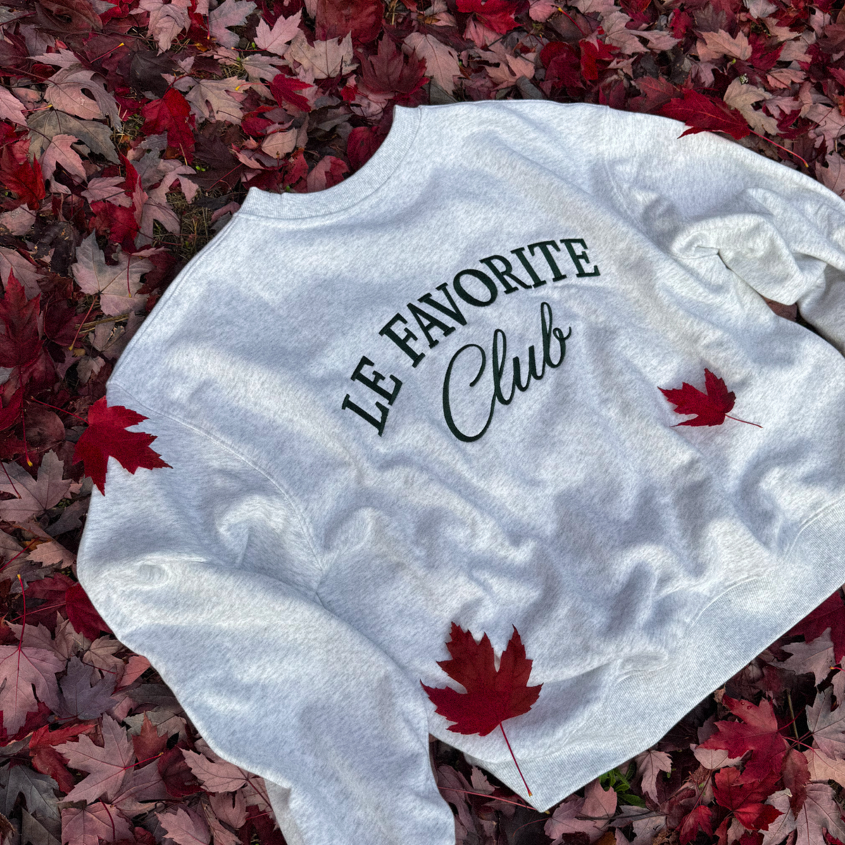 A light heather gray sweatshirt laid flat on a bed of red and brown autumn leaves, featuring the text 'LE FAVORITE Club' printed in black across the chest.