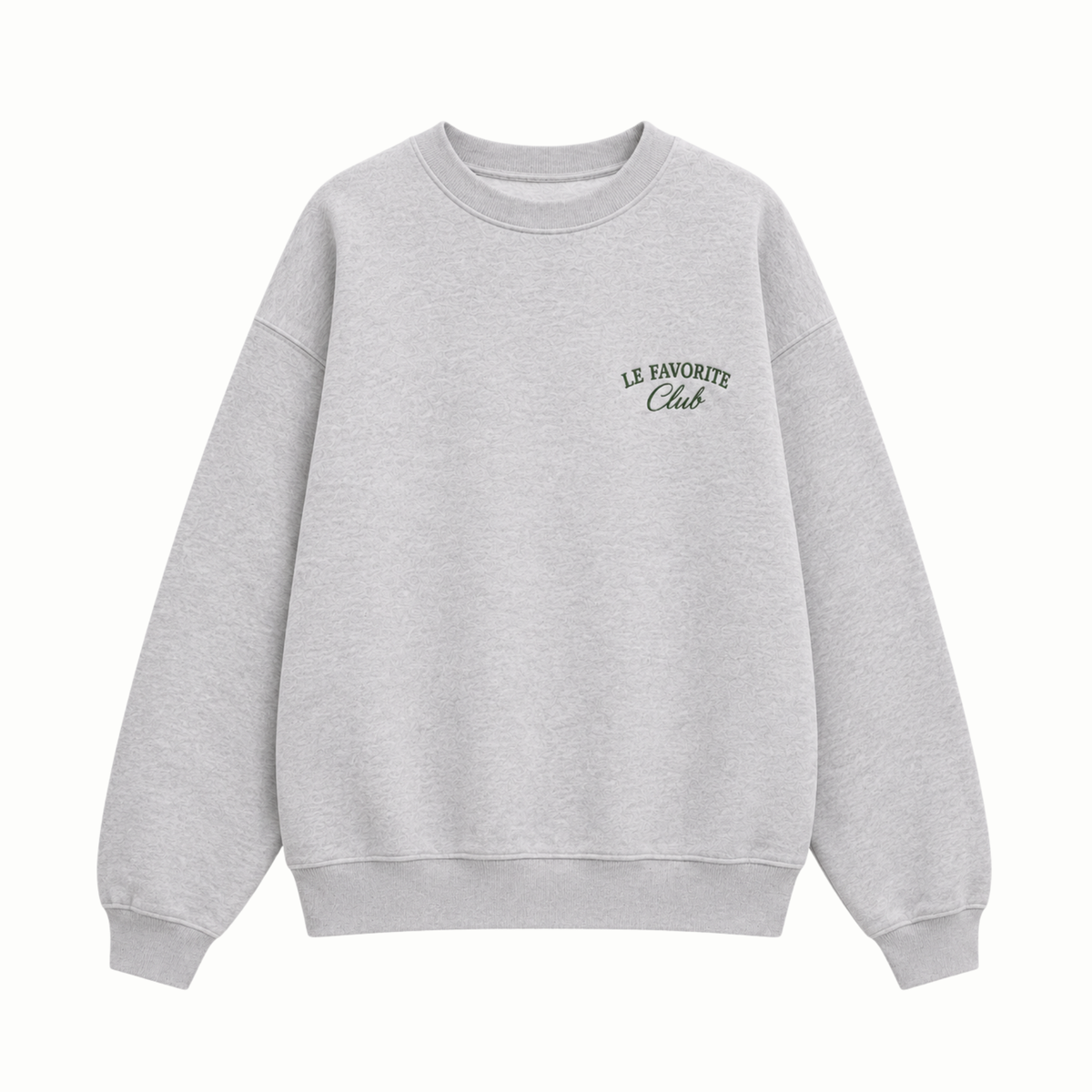 A light gray heather crewneck sweatshirt with 'LE FAVORITE Club' printed in black script on the left chest, displayed on a clean white background.