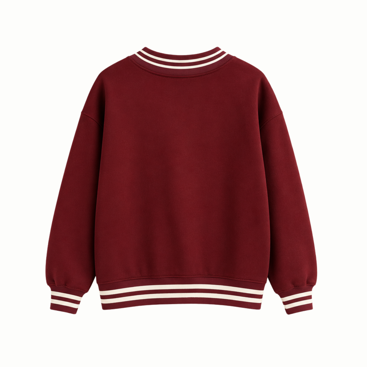 A maroon crewneck sweatshirt with cream-colored double stripes on the collar, cuffs, and hem, shown from the back on a solid white background.